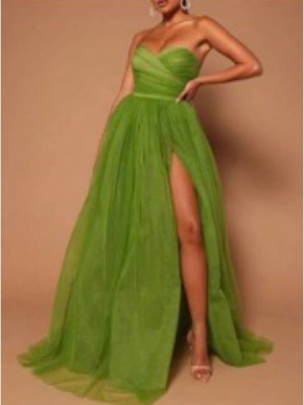 SHEIN Lime Green Strapless Tulle Gown with High Slit